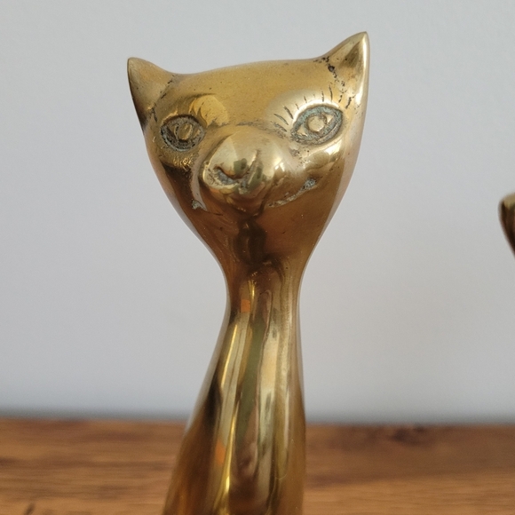 Vintage Solid Brass Cat Sculptures Set Of 3 Long Necks MCM Shows Wear - Picture 4 of 11
